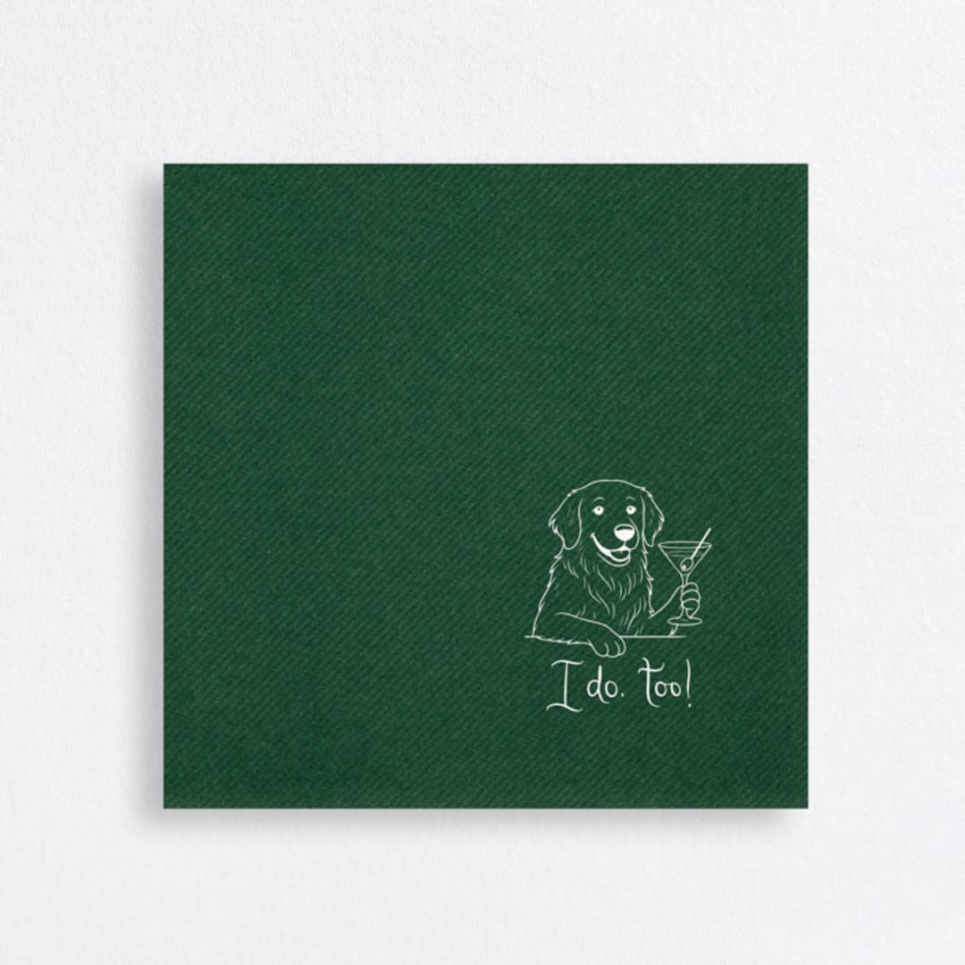 "“I Do, Too!” Golden Retriever Wedding Cocktail Napkins Green" - Napkins in green by Papel Custom Design