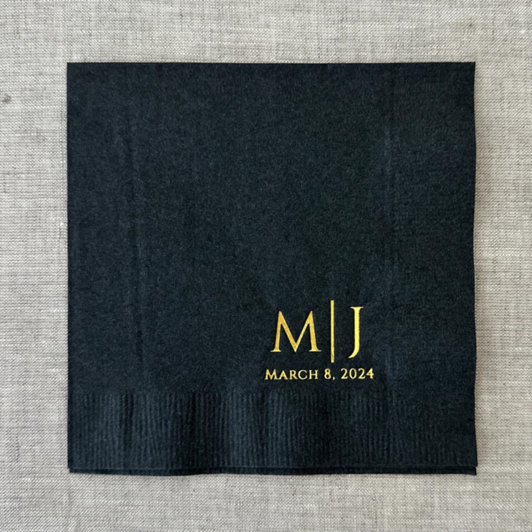 "Custom initials foil napkins | Gold foil, black napkins | Set of 100" - Napkins in black by Maria Ferrer G.