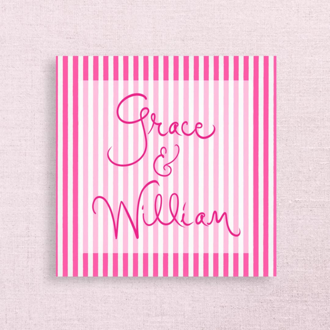 "Striped Personalized Napkins, your choice of ink color" - Napkins in pink by Papel Custom Design