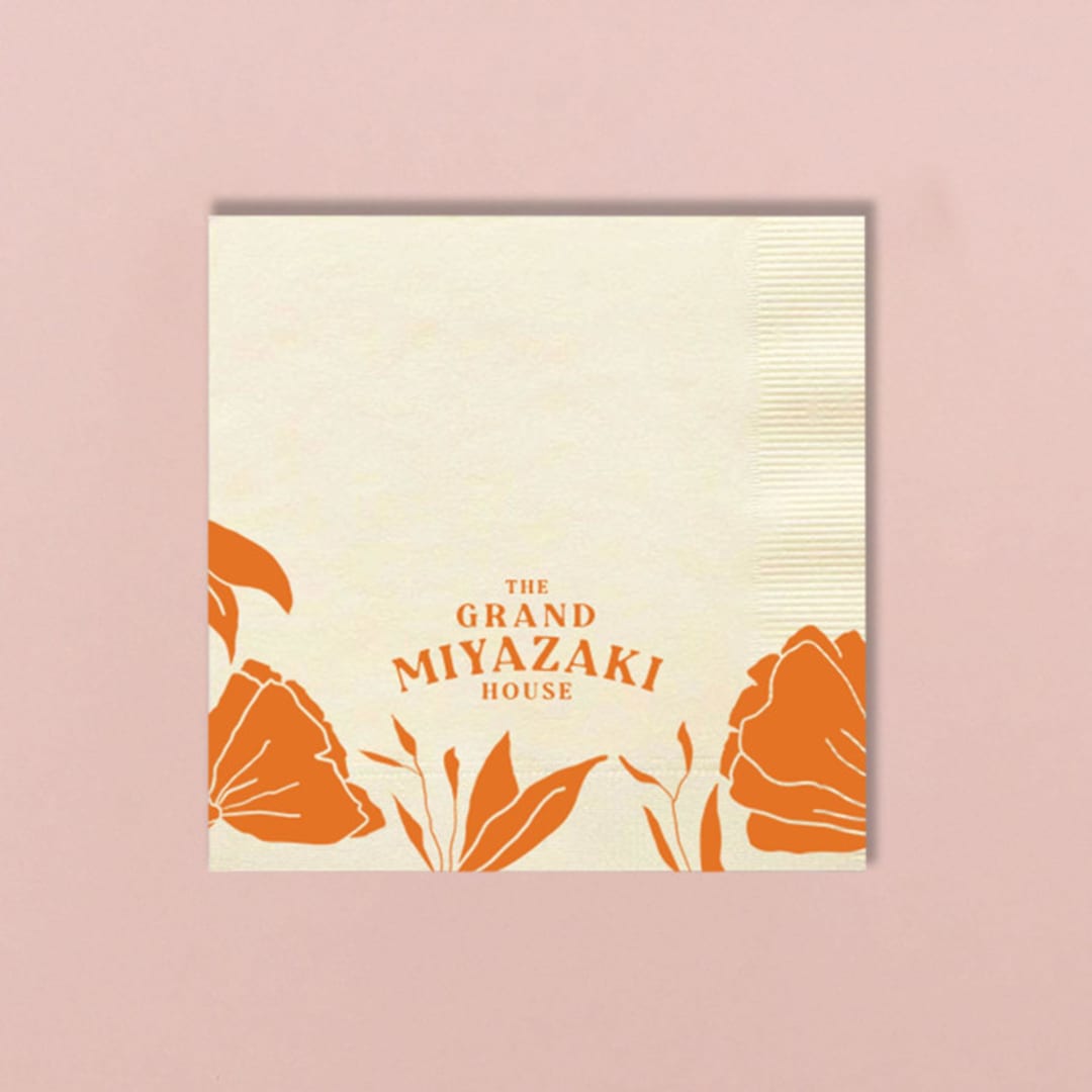 "Custom Grand House Bold Floral Napkin, cocktail size, set of 100" - Napkins in orange by ForYourParty