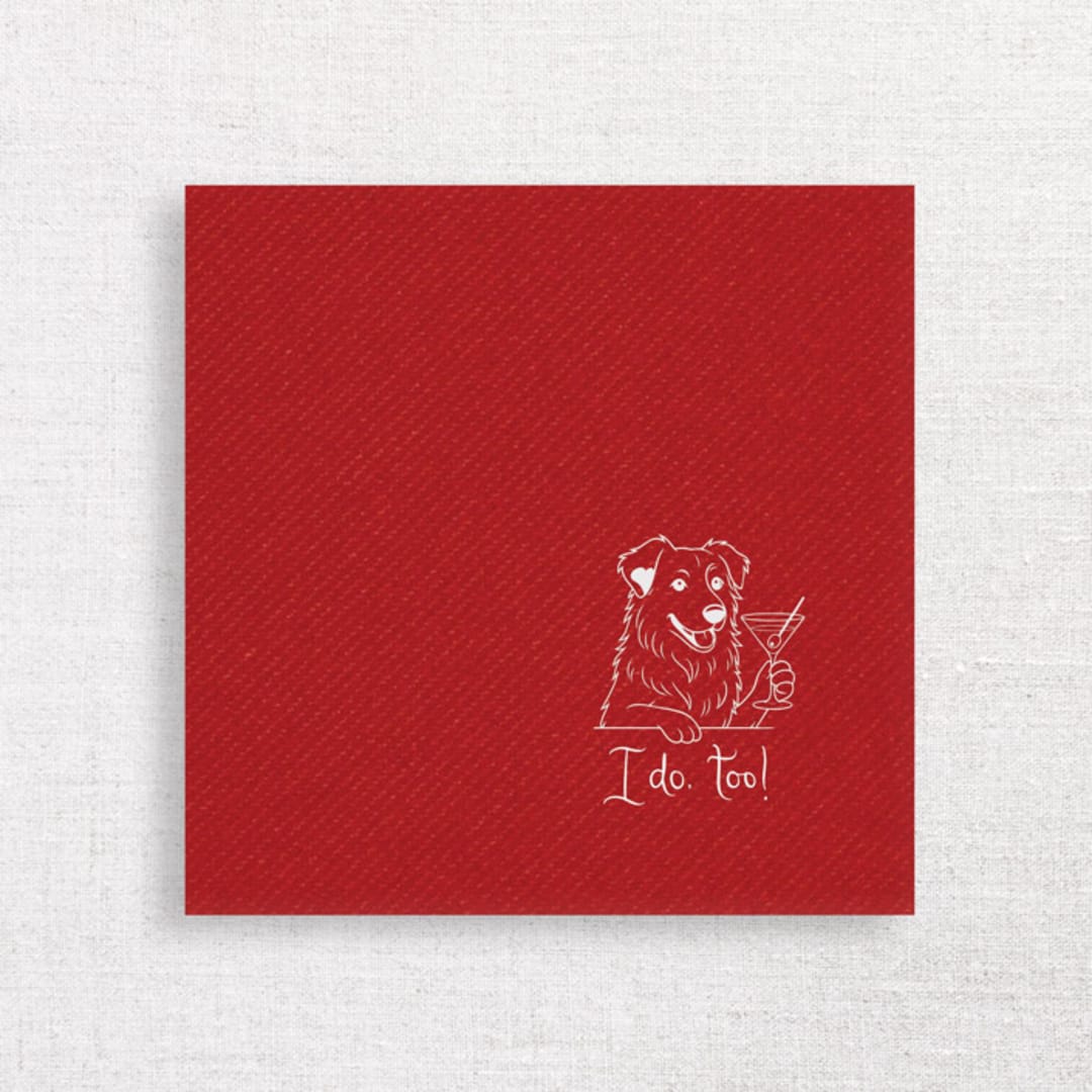 "“I Do, Too!” Australian Shepherd Wedding Cocktail Napkins Red" - Napkins in red by Papel Custom Design