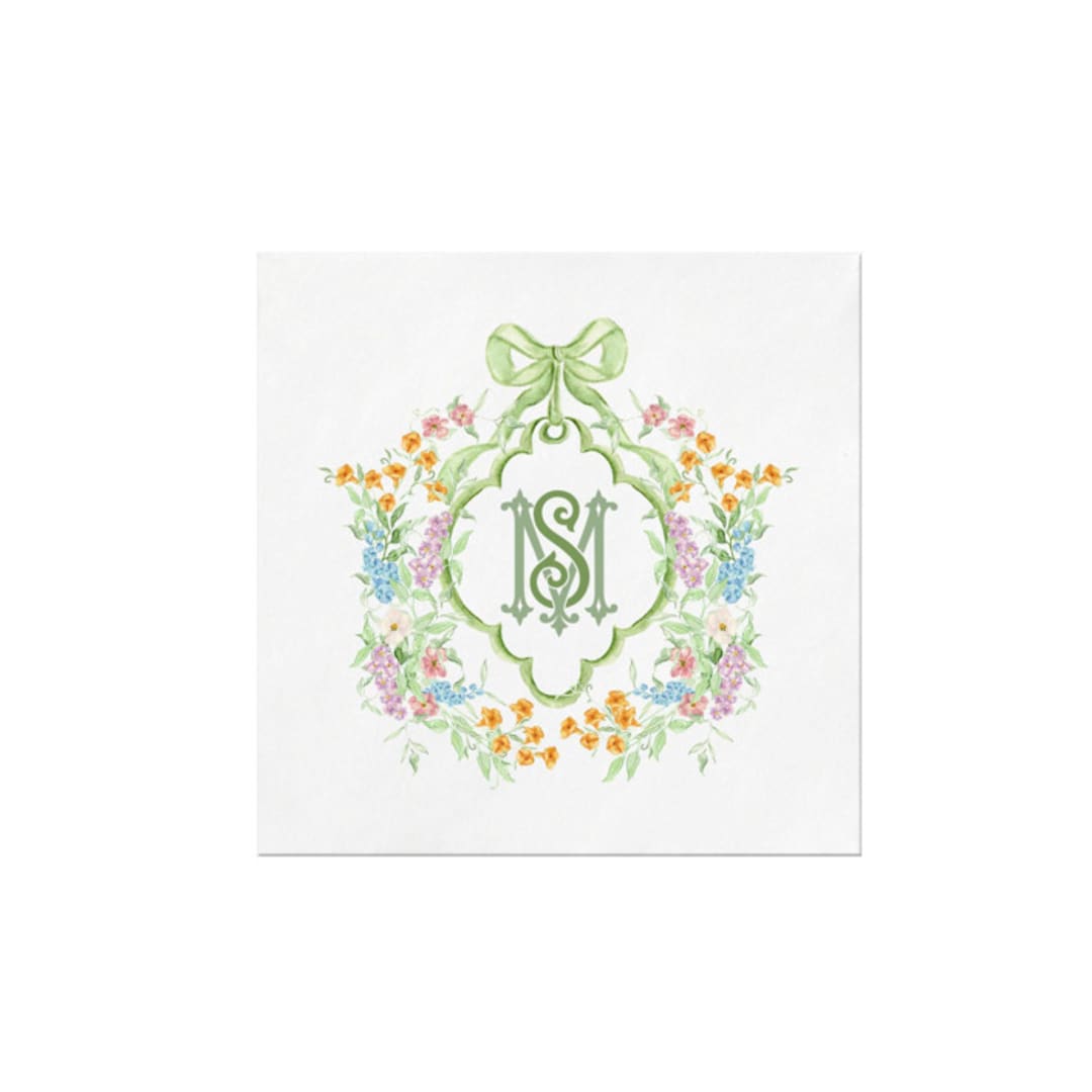 "Wildflower Sage Green Custom Crest Napkins" - Napkins in white by Papel Custom Design
