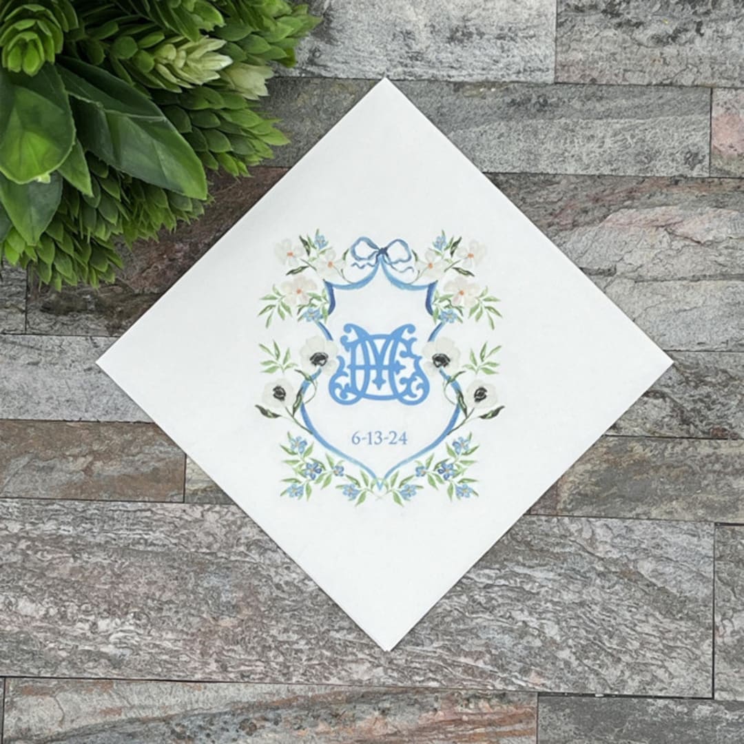 "Custom Blue Poppy Crest Napkins- Pack of 100" - Napkins in white by Papel Custom Design