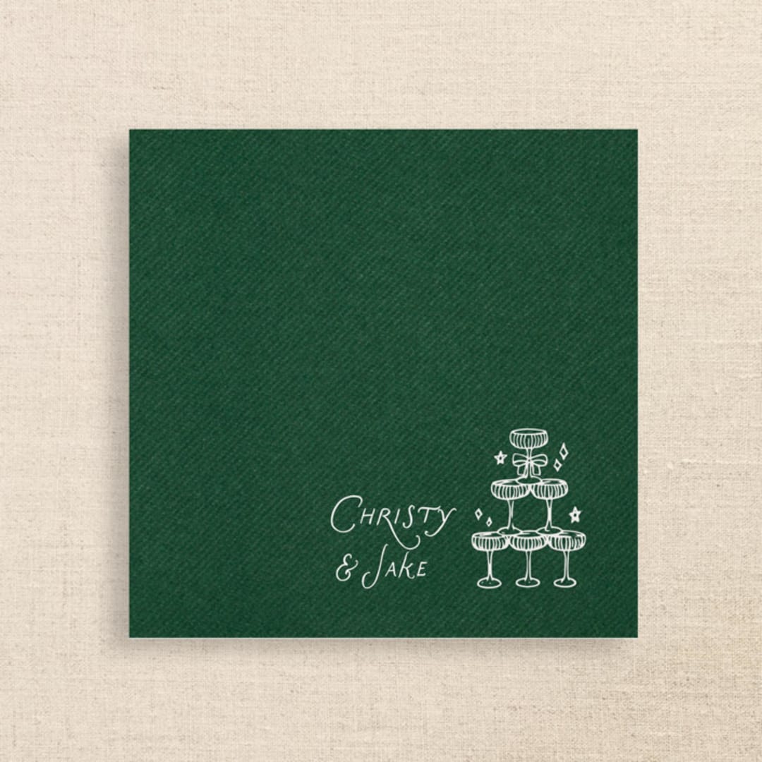 "Champagne Tower Personalized Cocktail Napkins Green" - Napkins in green by Papel Custom Design