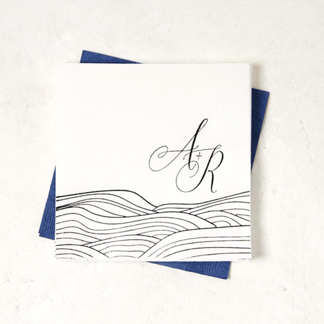 "Romantic Waves with Initials Napkin, cocktail size, set of 100" - Napkins in white by ForYourParty