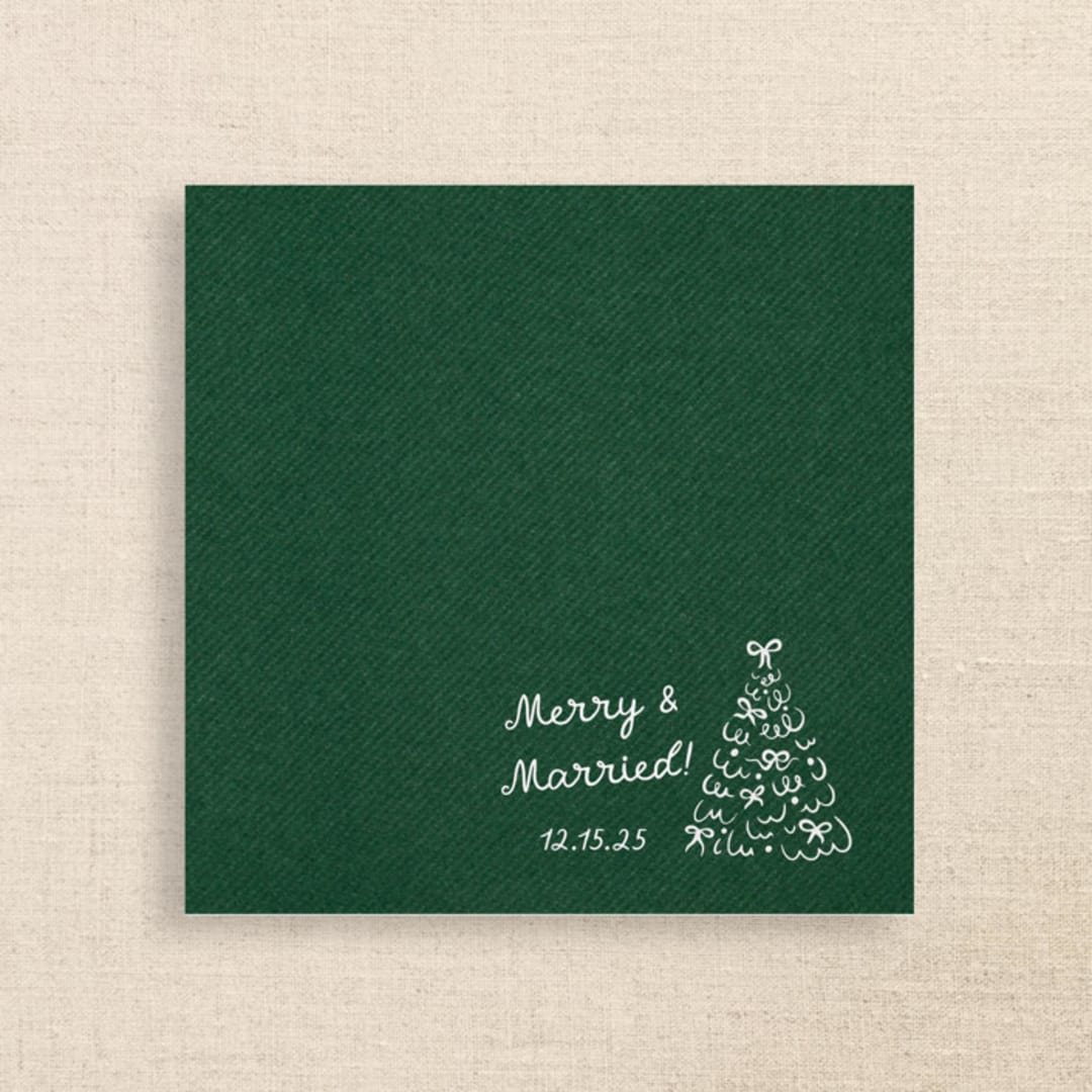 "Merry & Married Green Linen-Like Napkin with Holiday Tree Design" - Napkins in green by Papel Custom Design