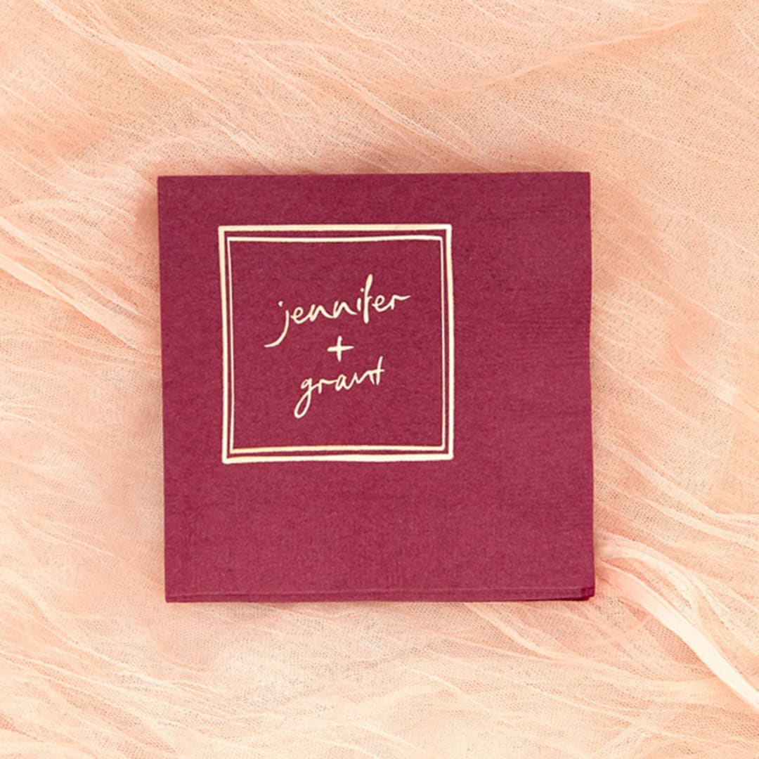 "Kitschy Cocktail Hour Framed Names Napkin, cocktail size, set of 100" - Napkins in red by ForYourParty