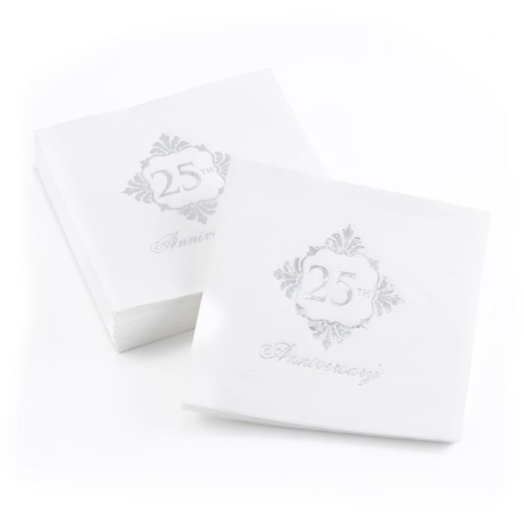 "Silver 25th Anniversary Beverage Napkins" - Napkins in white by Papel Custom Design