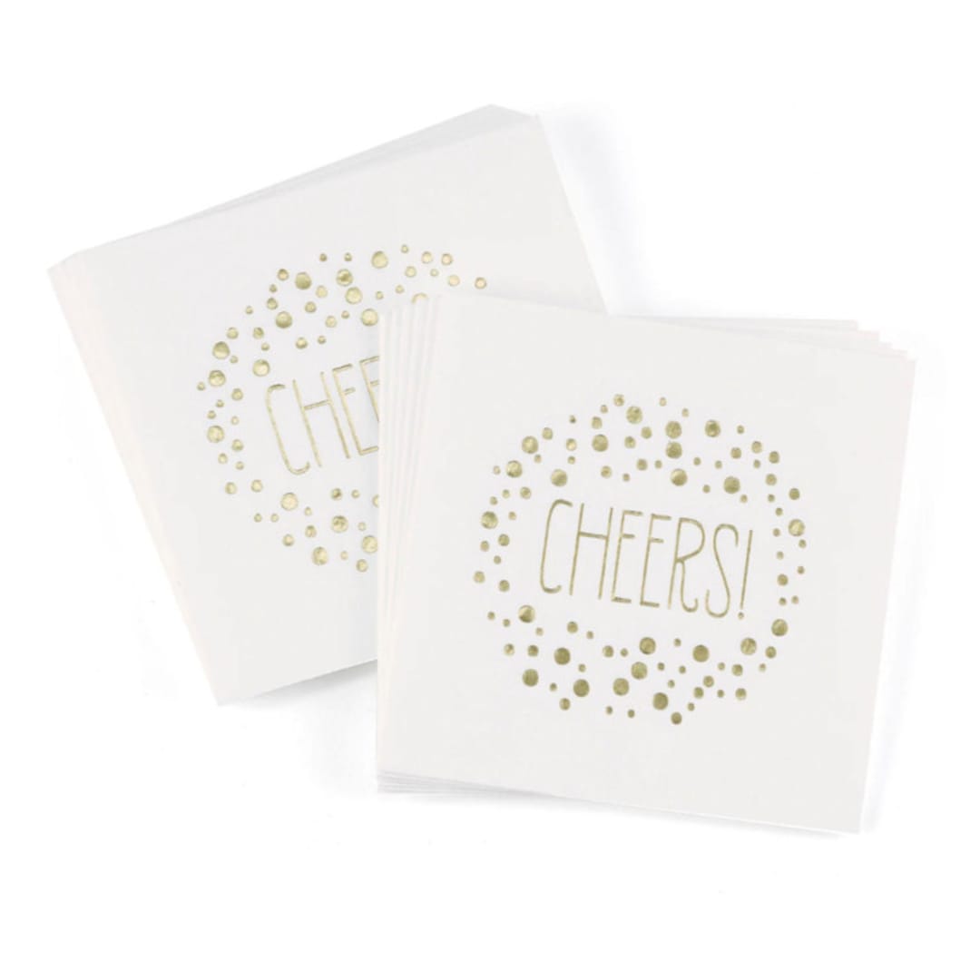 "Gold Polka Dot Cheers Beverage Napkins - Pack of 100" - Napkins in white by Papel Custom Design