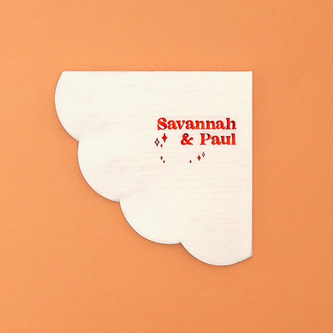 "Retro Wedding Stars and Names Scalloped Luncheon Napkin, set of 100" - Napkins in white by ForYourParty