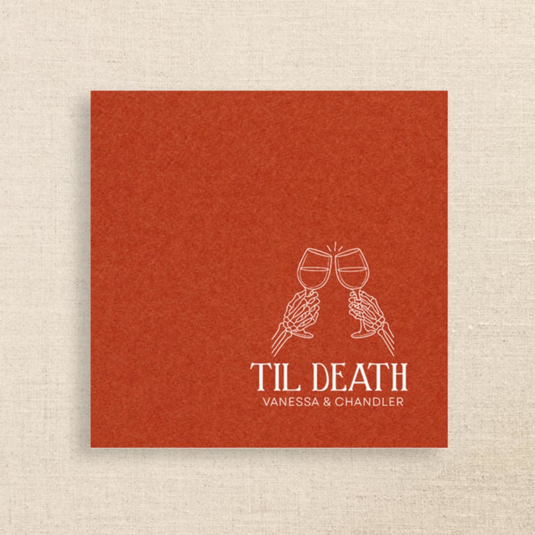 "“Til Death” Terracotta Linen-Like Napkin with Skeleton Toast Design" - Napkins in orange by Papel Custom Design