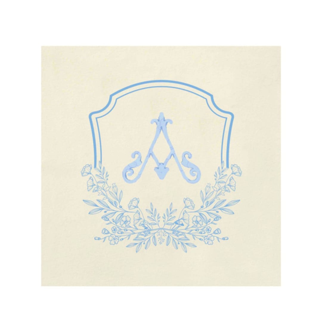 "Custom Blue Floral Monogram Digitally Printed on Ecru Napkin" - Napkins in beige by Papel Custom Design