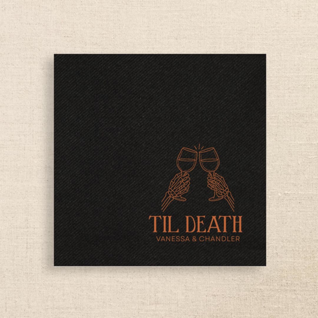 "“Til Death” Black Linen-Like Napkin with Skeleton Toast Design" - Napkins in black by Papel Custom Design