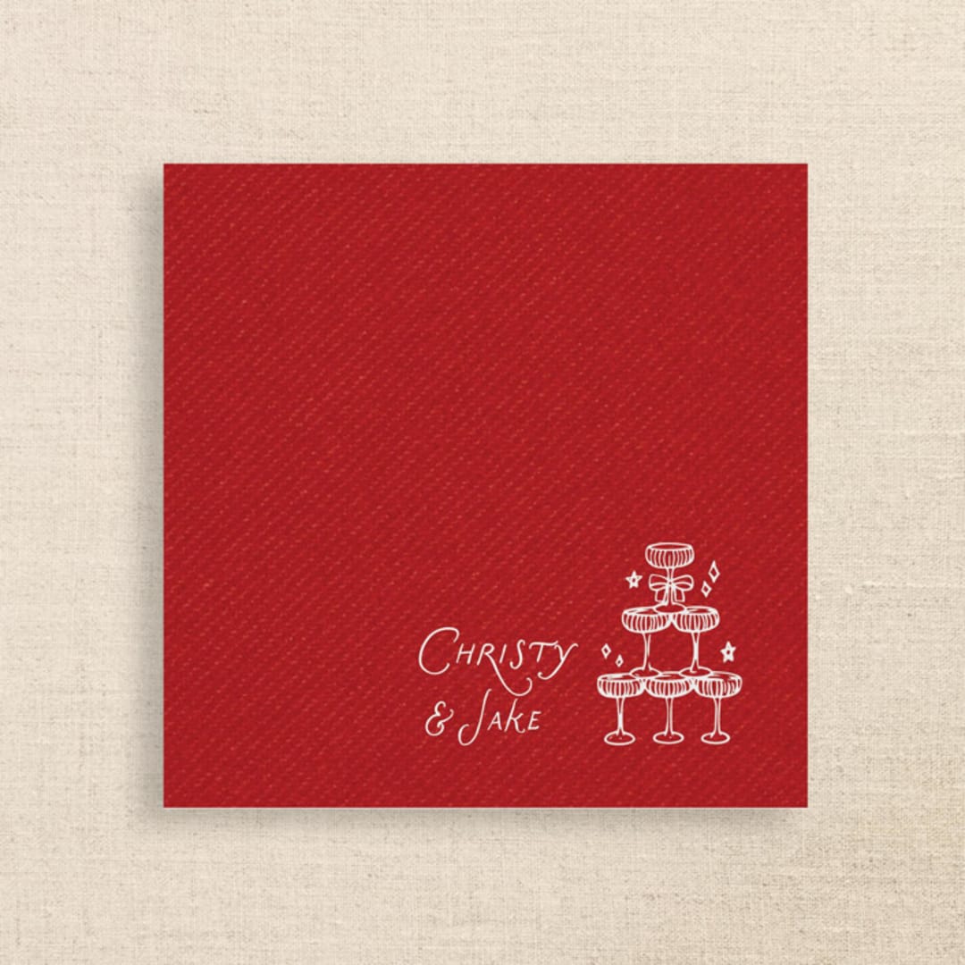 "Champagne Tower Personalized Cocktail Napkins Red" - Napkins in red by Papel Custom Design