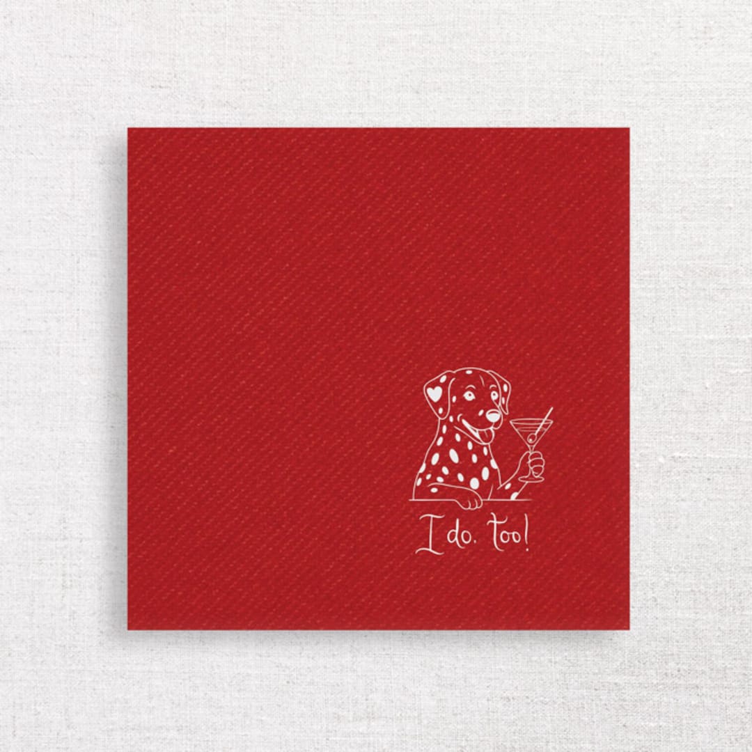 "“I Do, Too!” Dalmatian Wedding Cocktail Napkins Red" - Napkins in red by Papel Custom Design