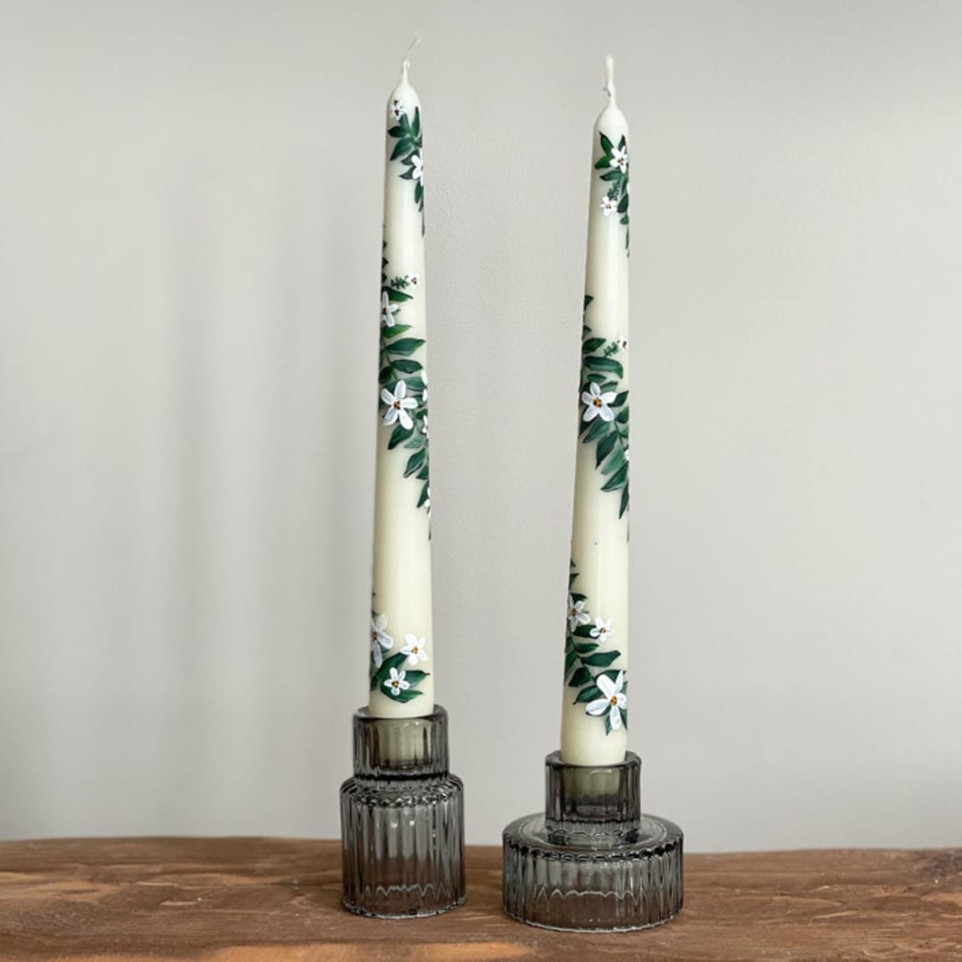 "Ivory with Greenery and White Floral Hand-Painted Taper Candles, Set of 2" - Candles in beige by Ashley Myers