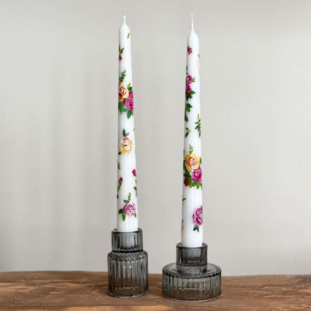 "Pink and Yellow Rose Hand-Painted Taper Candles, Set of" - Candles in white by Ashley Myers