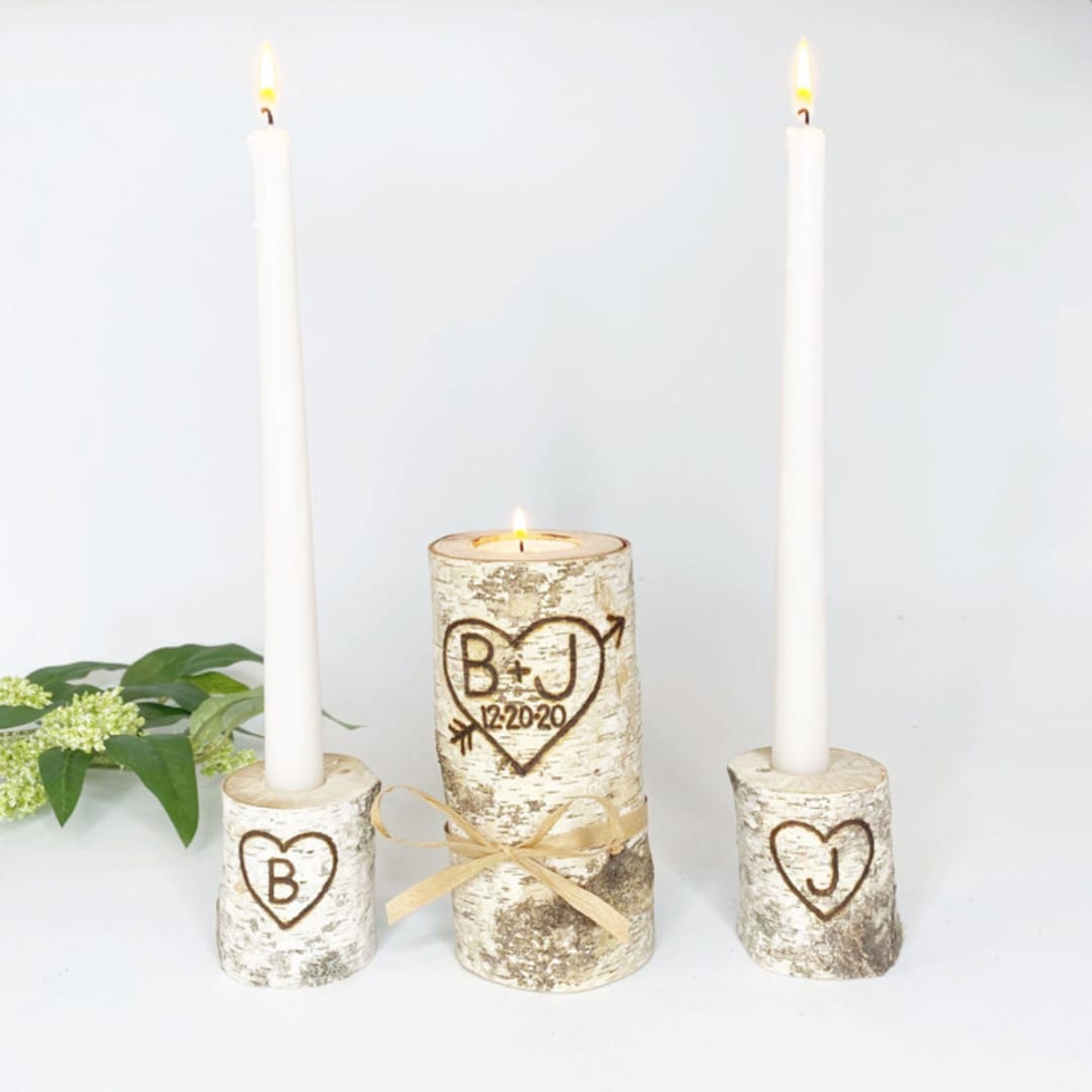 Handcrafted Personalized Birch Wood Unity Candle Set