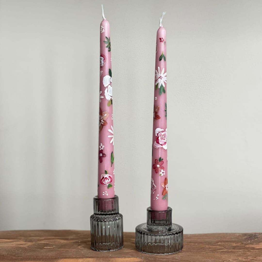 "Pink and White Floral Hand-Painted Taper Candles, Set of 2" - Candles in pink by Ashley Myers