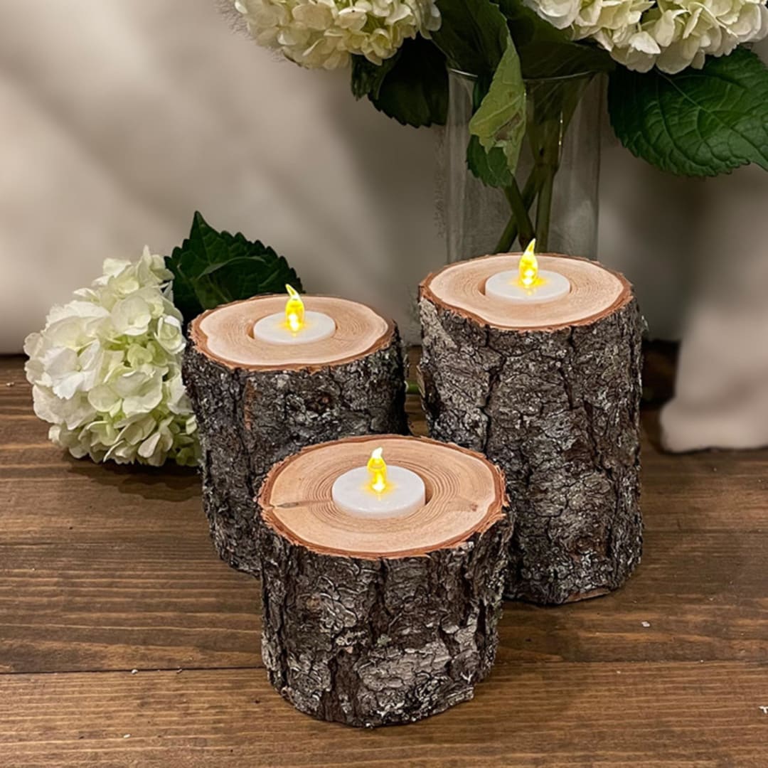 Large Rustic Wood LED Tea Light Candles, Set of 3