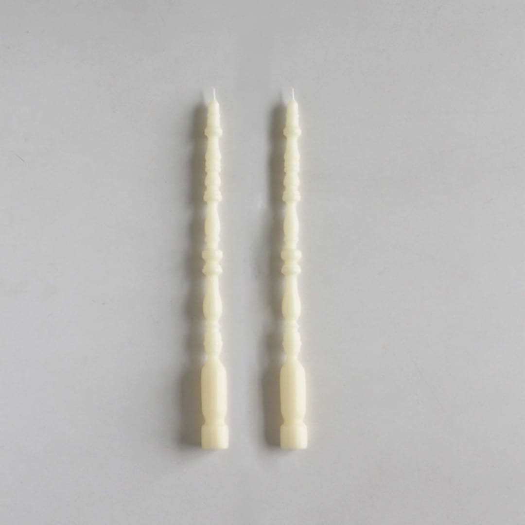 "SET OF 2 - SPINDLE LEG TAPERS // CATHEDRAL" - Candles in white by borrowed BLU