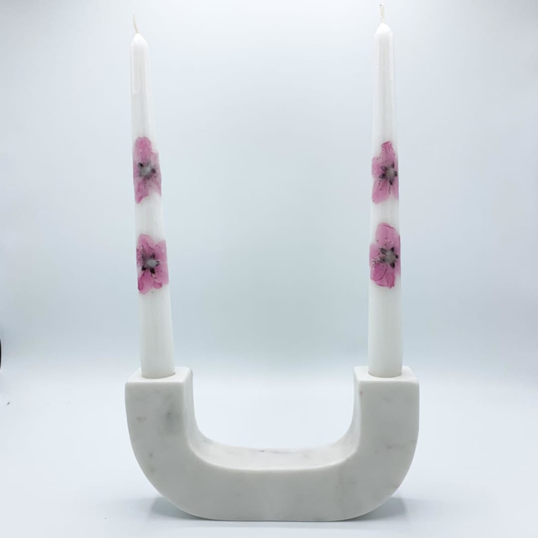 Pink Peach Blossom Pressed Flower White Taper Candle Set Of 2