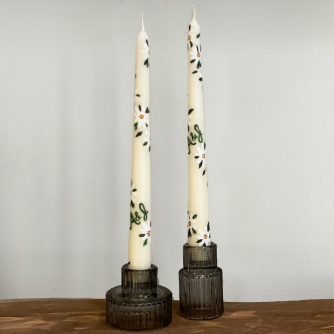 Monogrammed Ivory with Greenery and White Floral Hand-Painted Taper Candles, Set of 2