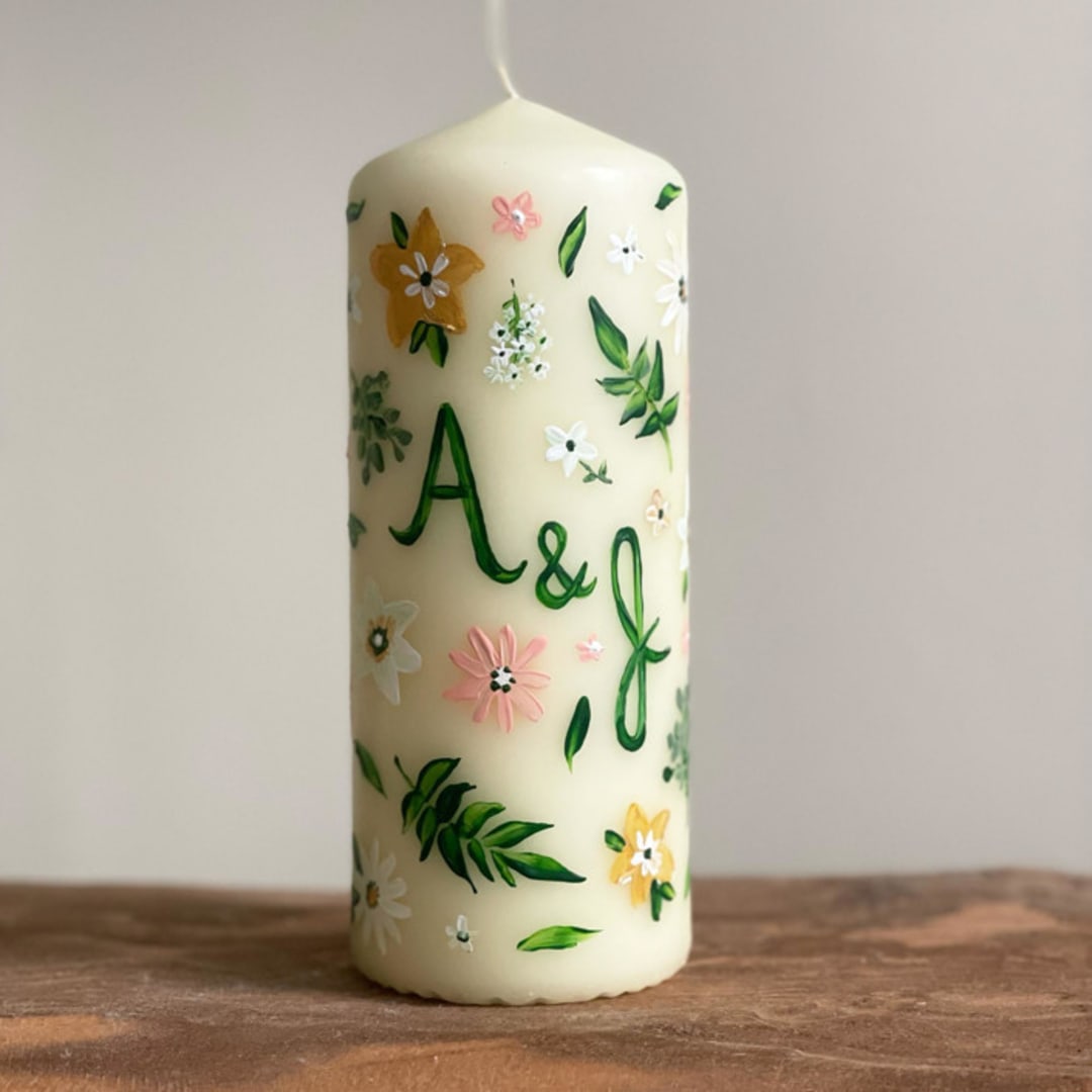 "Monogrammed Ivory with Greenery and Pastel Floral Hand-Painted 6” Pillar Candle, Set of 1" - Candles in beige by Ashley Myers