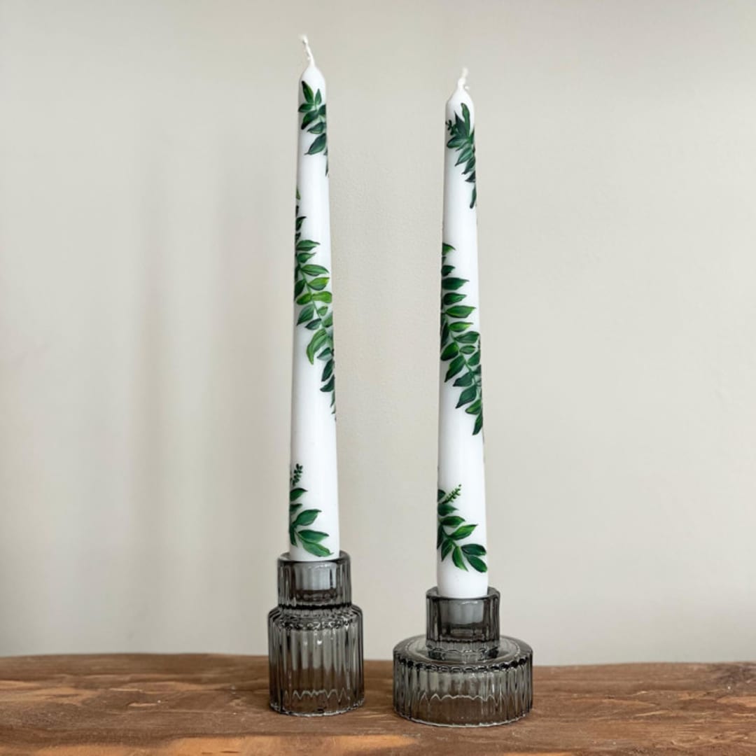 "White with Greenery Hand-Painted Taper Candles, Set of 2" - Candles in white by Ashley Myers