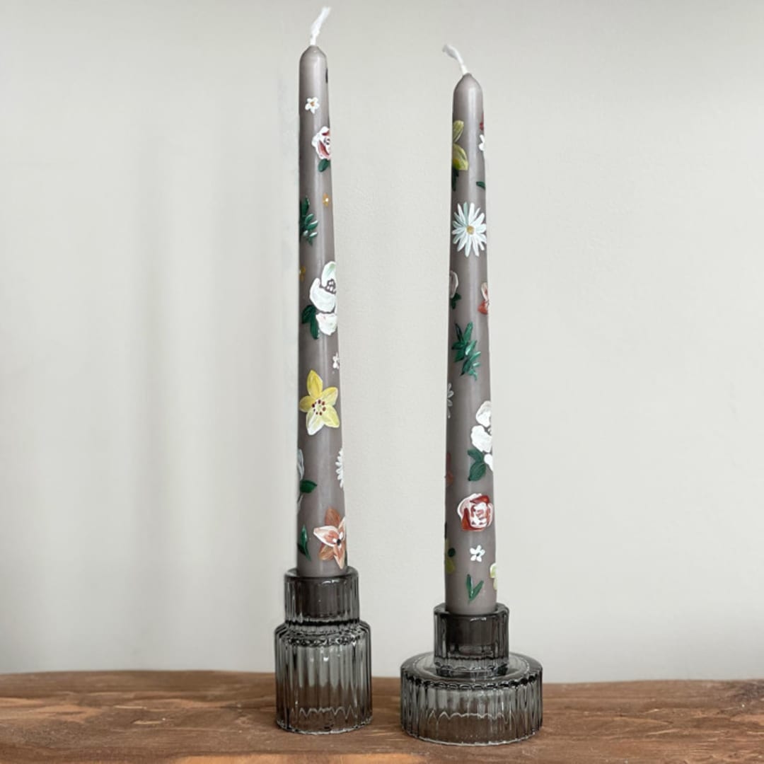 Grey with Neutral Floral Hand-Painted Taper Candles, Set of 2