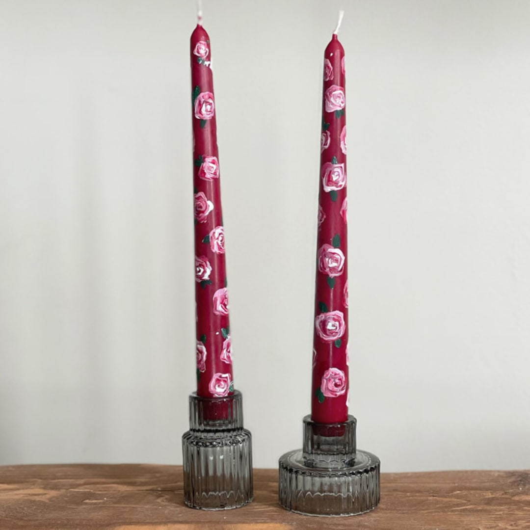"Red with Pink Rose Floral Hand-Painted Taper Candles, Set of 2" - Candles in red by Ashley Myers
