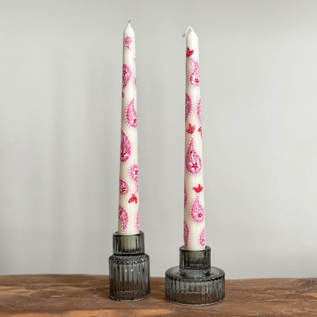 Ivory with Pink and Red Paisley Hand-Painted Taper Candles, Set of 2