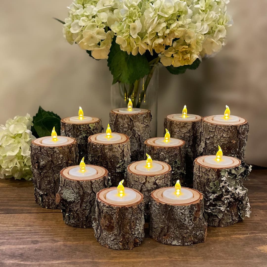 Rustic Wood LED Tea Light Candles, Set of 12