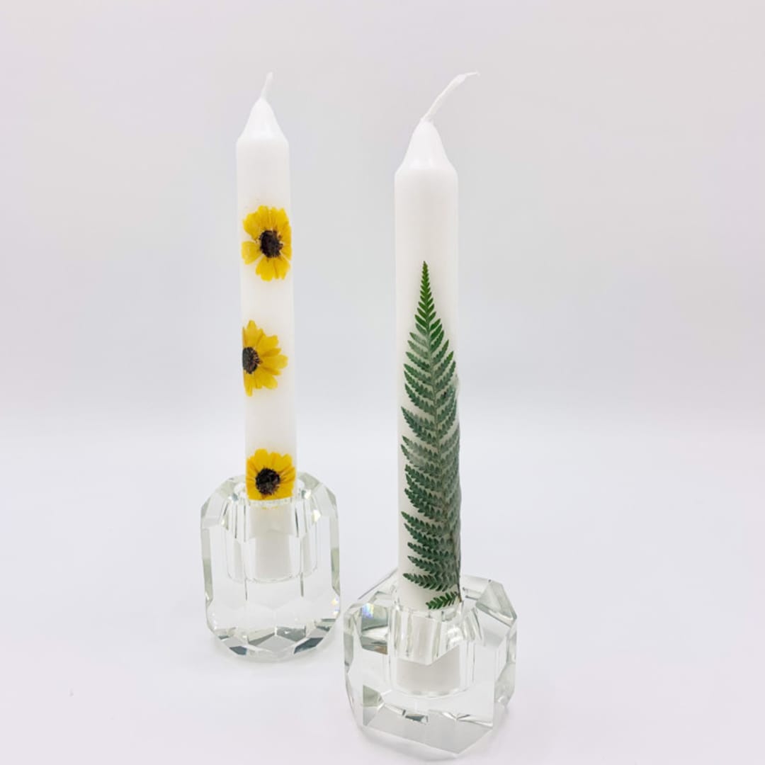 Pressed Flower White Taper Candle Set Of 2