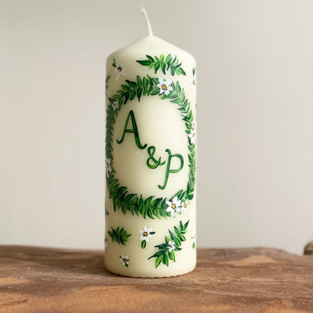 "Monogrammed Ivory with Greenery and White Floral Hand-Painted 6” Pillar Candle, Set of 1" - Candles in beige by Ashley Myers