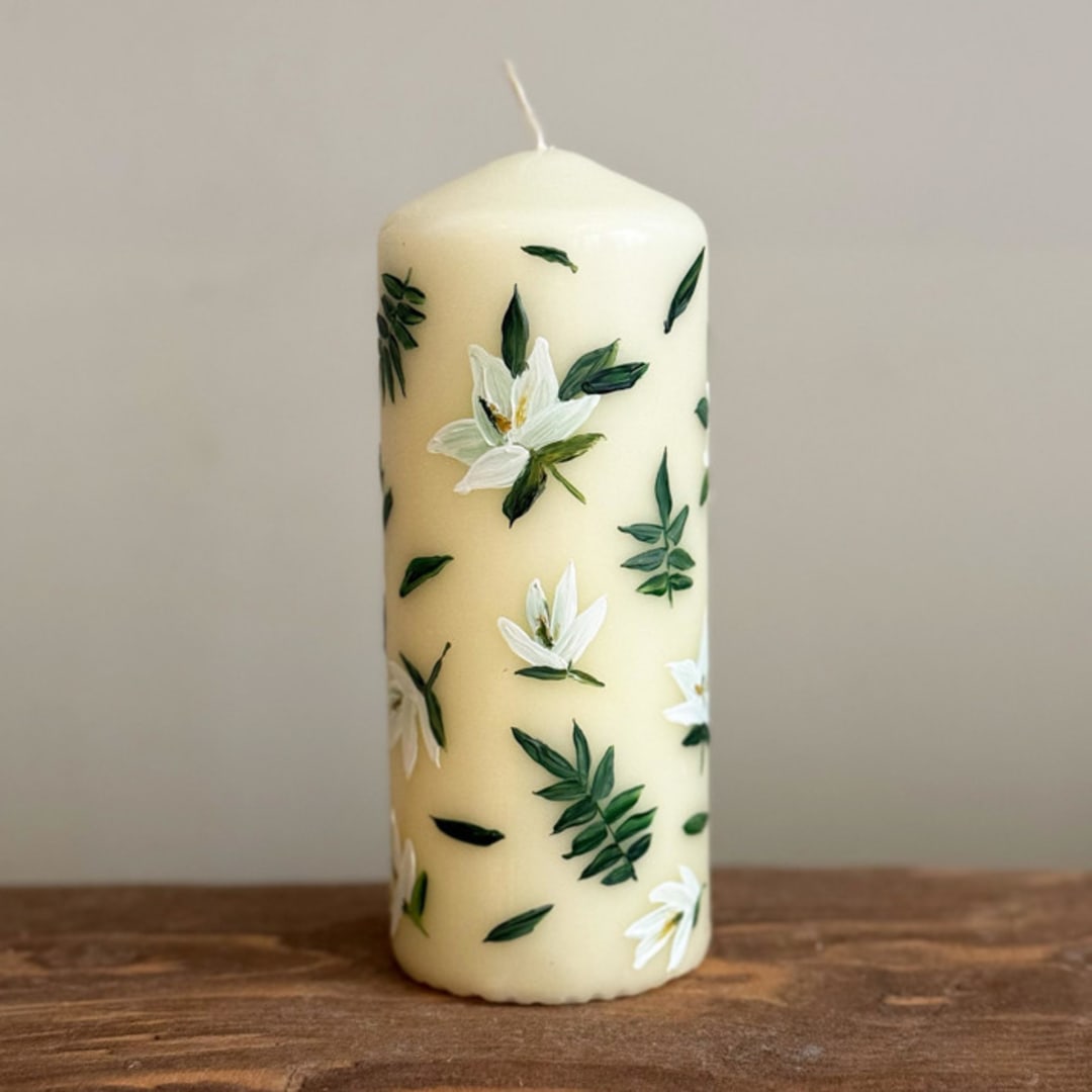 "Ivory Pillar with Magnolia Flowers and Greenery, Set of 1" - Candles in beige by Ashley Myers