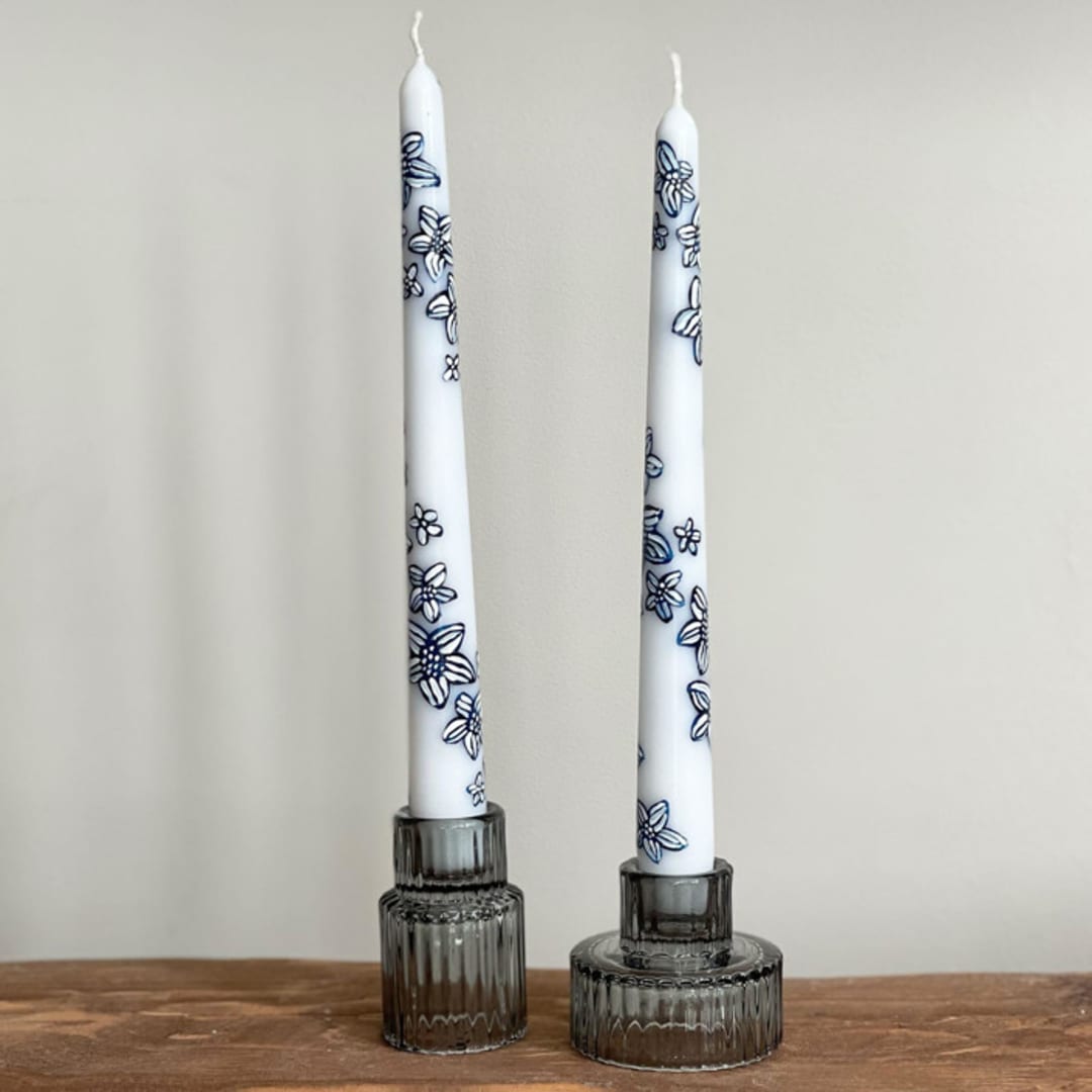 "Blue and White Outline Floral Hand-Painted Taper Candles, Set of 2" - Candles in white by Ashley Myers