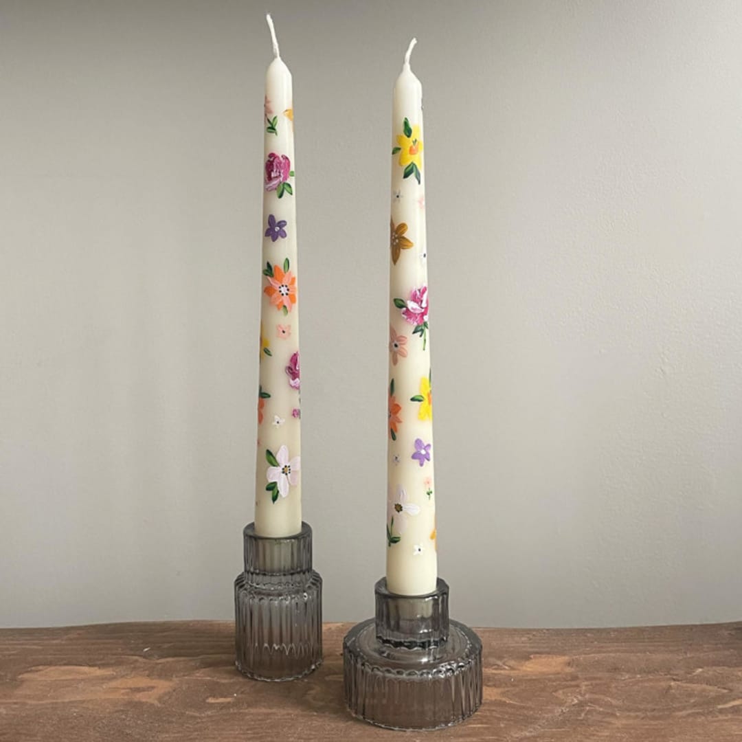 "Ivory with Multicolor Flowers Hand-Painted Taper Candles, Set of 2" - Candles in multicolorassorted-colors by Ashley Myers