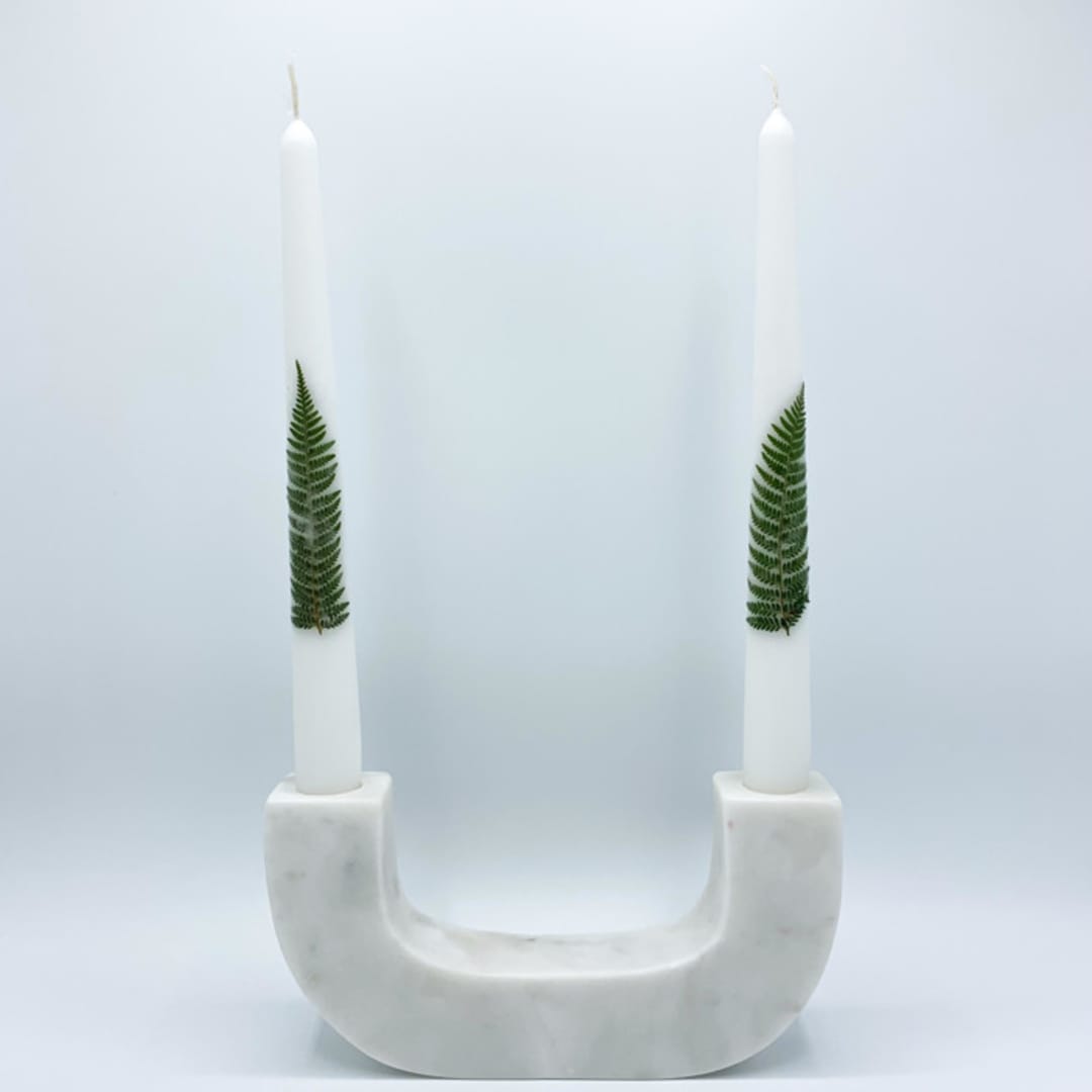 Pressed Flower White Taper Candle Green Fern Set Of 2