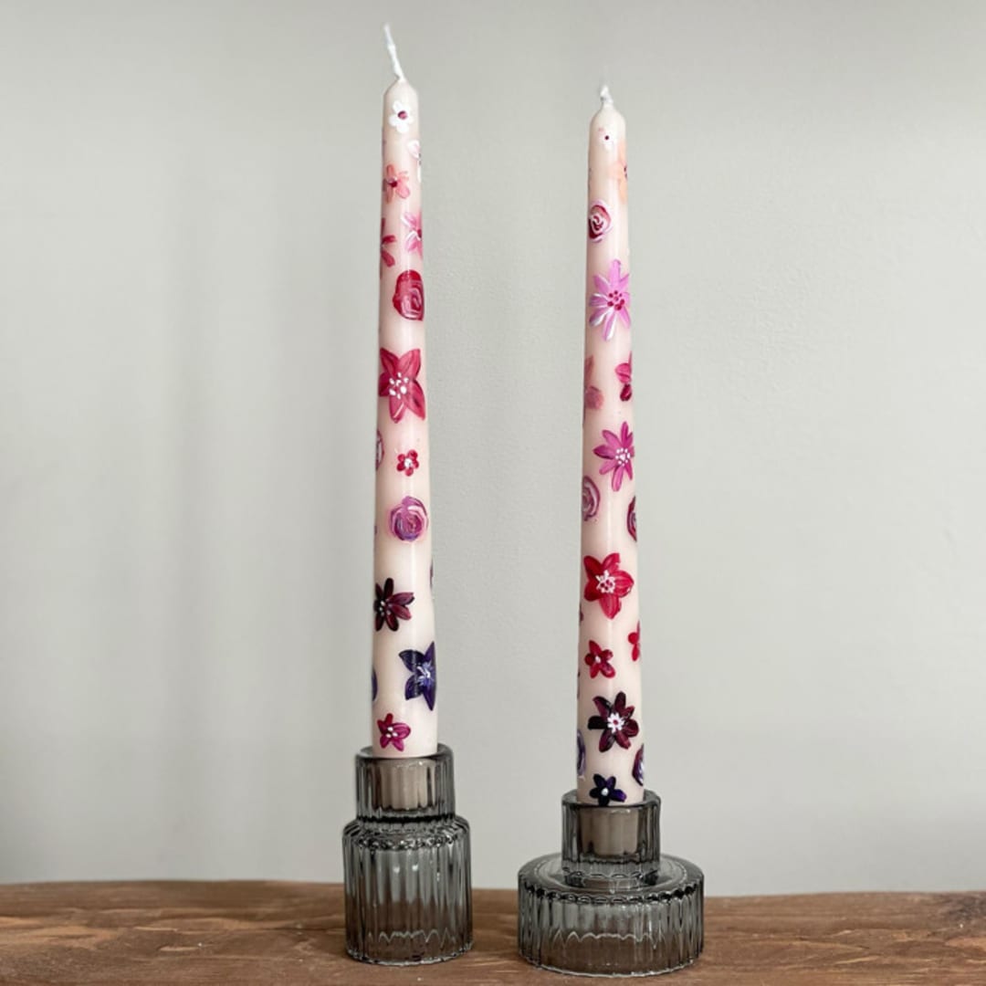 Cream with Pink and Purple Ombre Floral hand-Painted Taper Candles