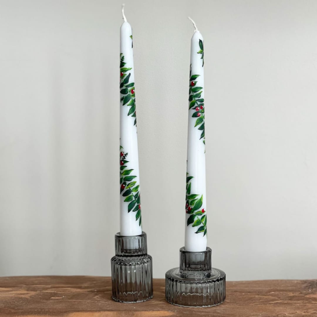 White with Holly Greenery Hand-Painted Taper Candles, Set of 2