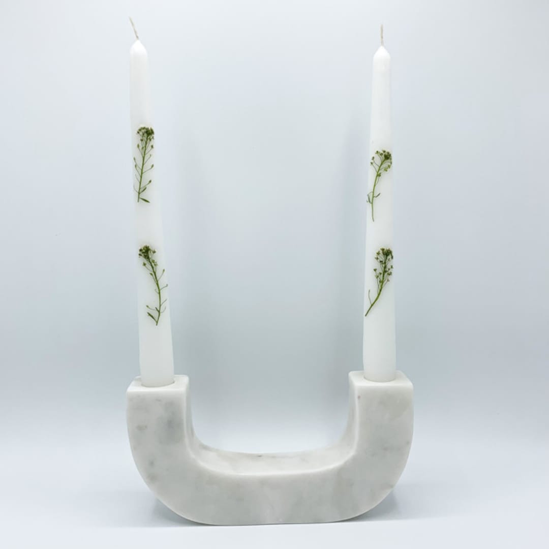White Asylum Pressed Flower White Taper Candle Set Of 2