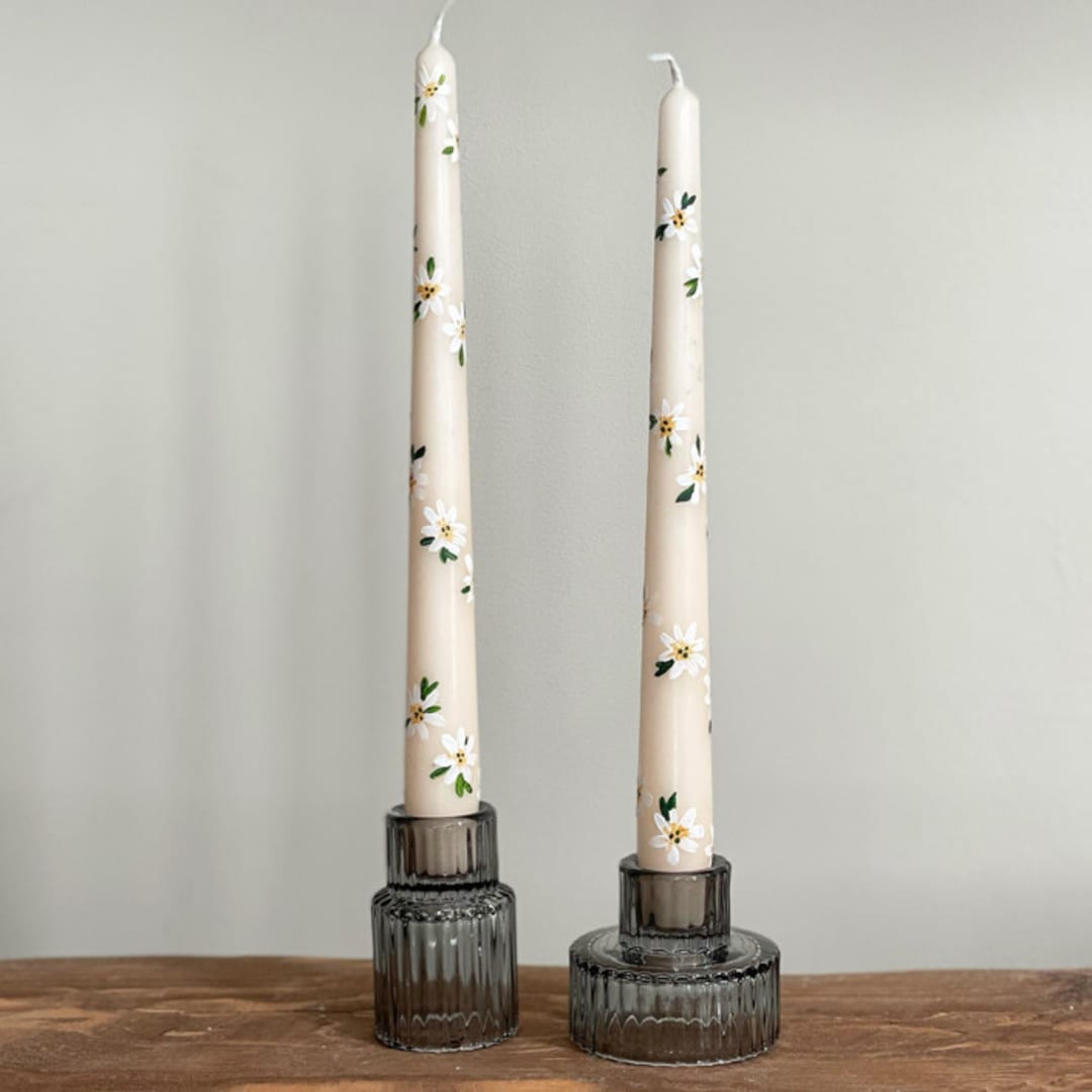 "Ivory with White Floral Hand-Painted Taper Candles, Set of 2" - Candles in beige by Ashley Myers
