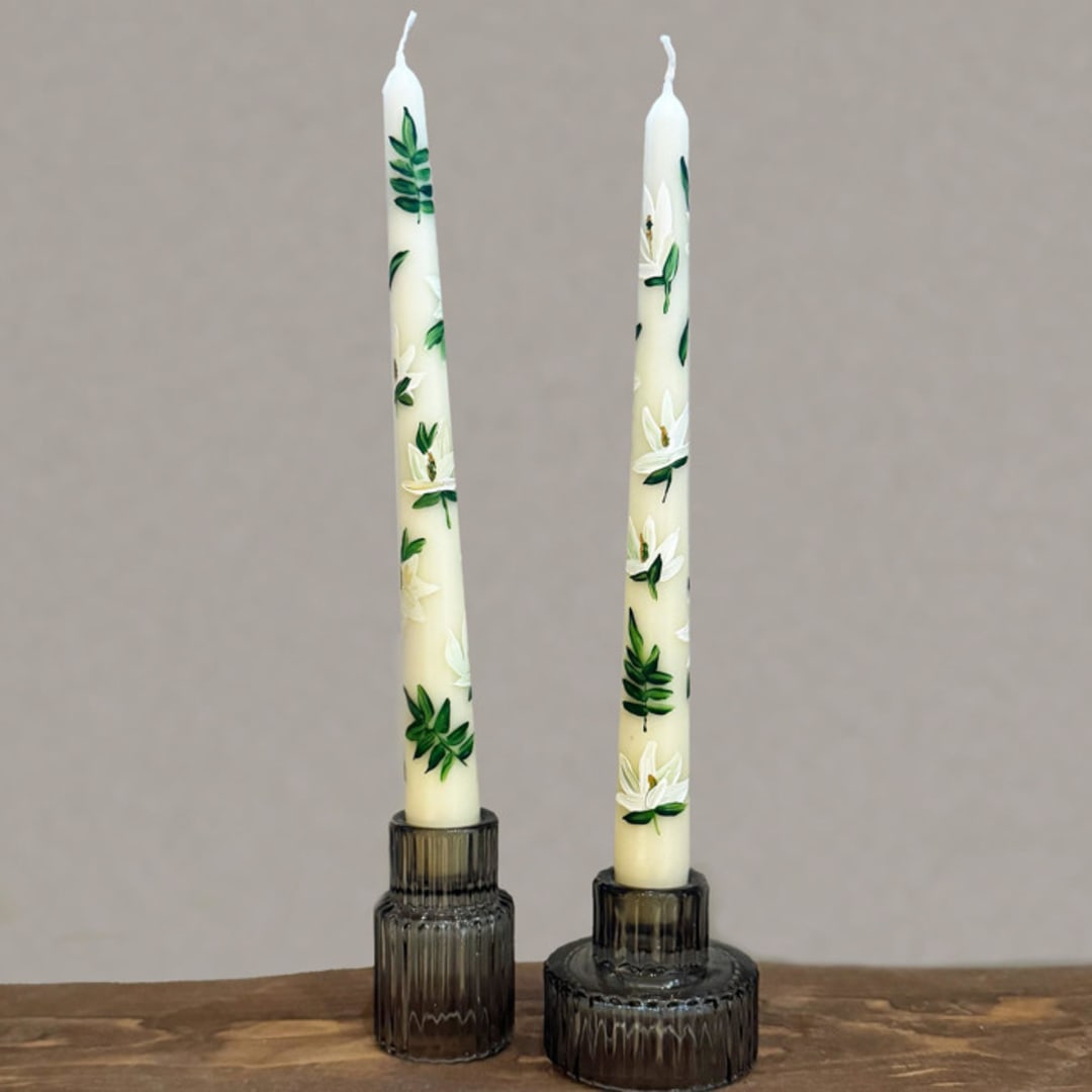 Ivory with Magnolia Floral Hand-Painted Taper Candles, Set of 2