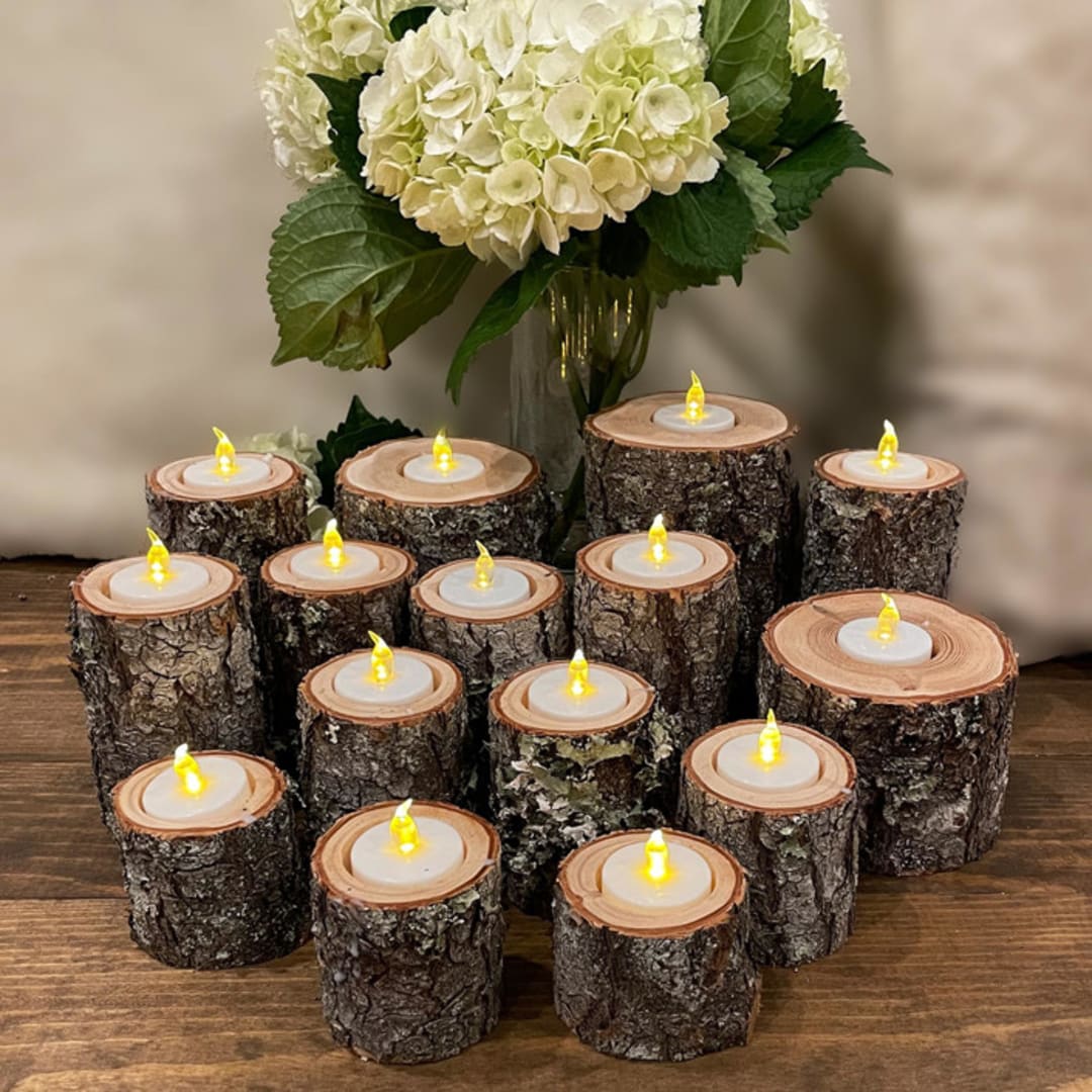 Rustic Wood Log LED Tea Light Candles, Set of 15