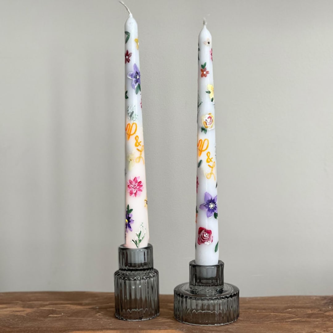 "Monogrammed White Multicolor Floral Hand-Painted Taper Candles, Set of 2 (white base)" - Candles in white by Ashley Myers