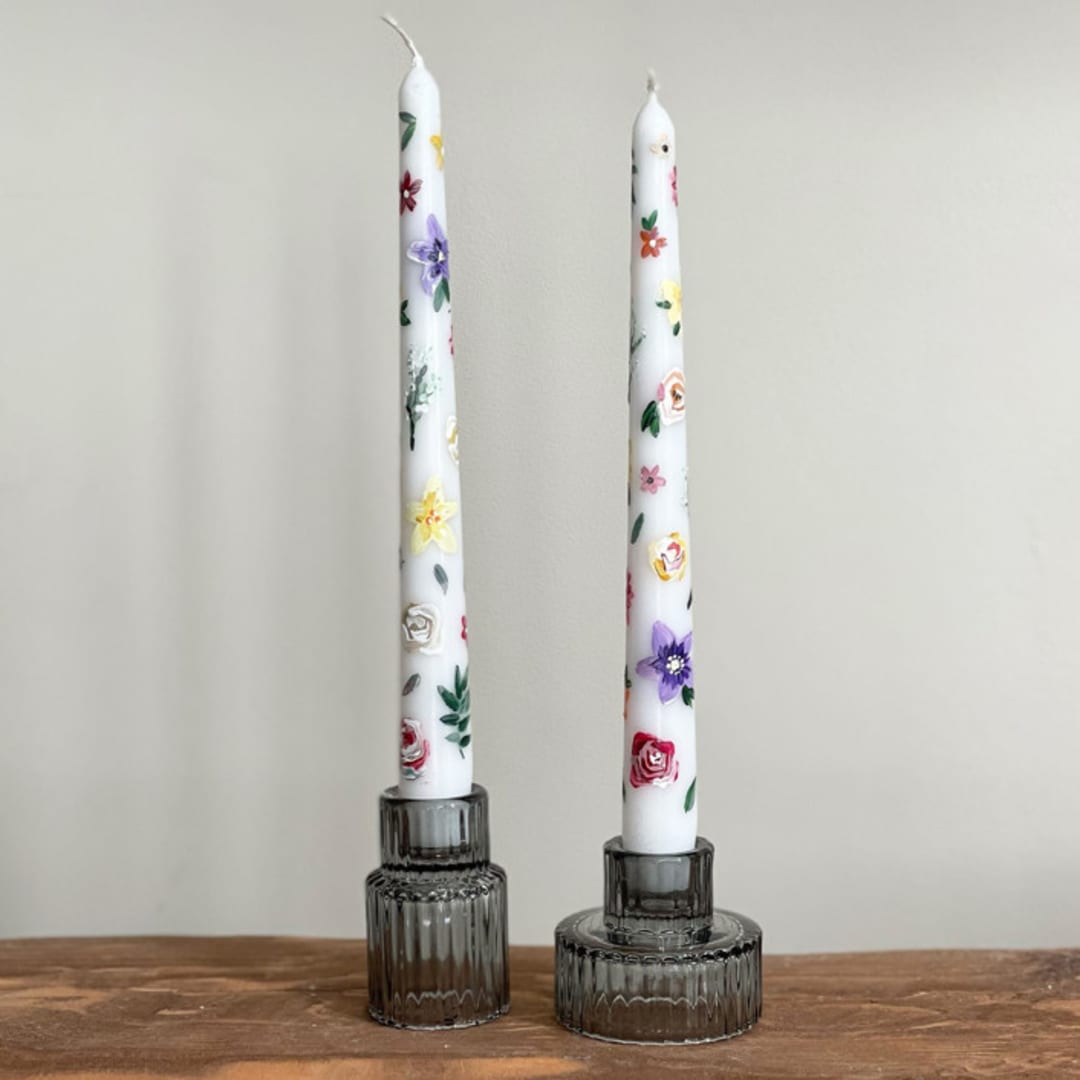 "White Multicolor Floral Hand-Painted Taper Candles, Set of 2" - Candles in white by Ashley Myers