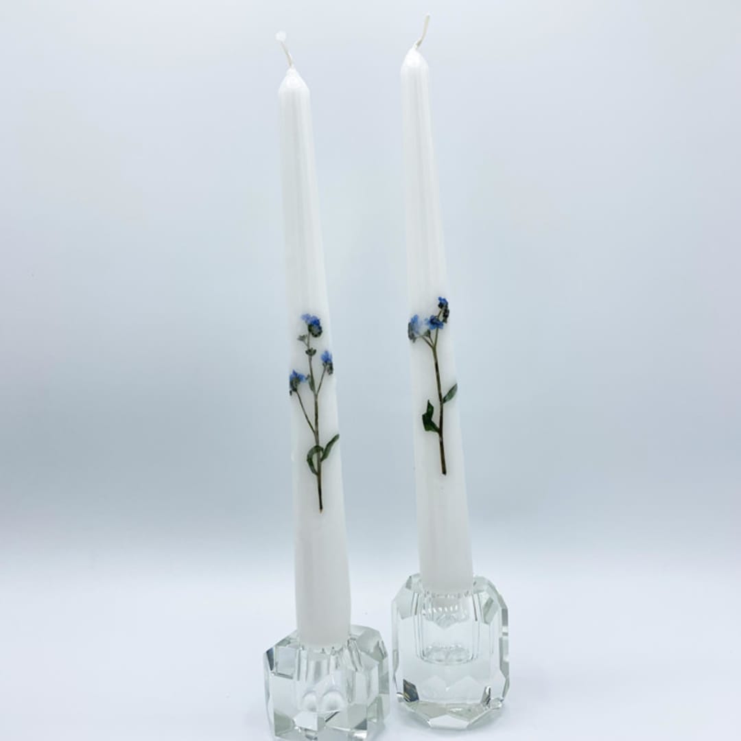 "Blue Forget Me Not Pressed Flower White Taper Candle Set Of 2" - Candles in white by Christine OMalley