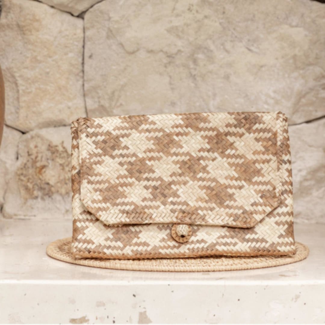 Patterned Amber Plaid Motif Rattan Clutches