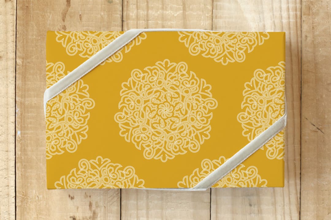 "mums" - Wrapping Paper in saffron gold by Lori James - Front